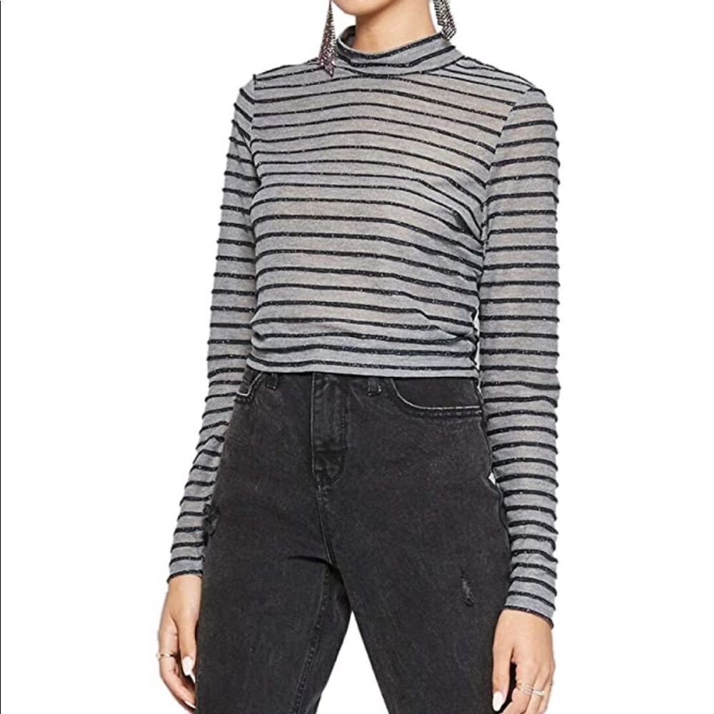 Wild Fable Grey Sparkly Striped Cropped Long Sleeve Top Size Large